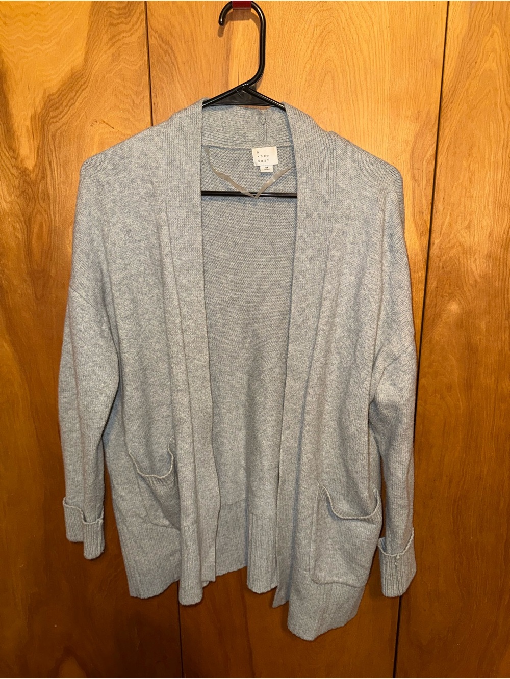 A New Day Womenβs Gray Open Front Cardigan Sweater M Knit Pockets Long Sleeve